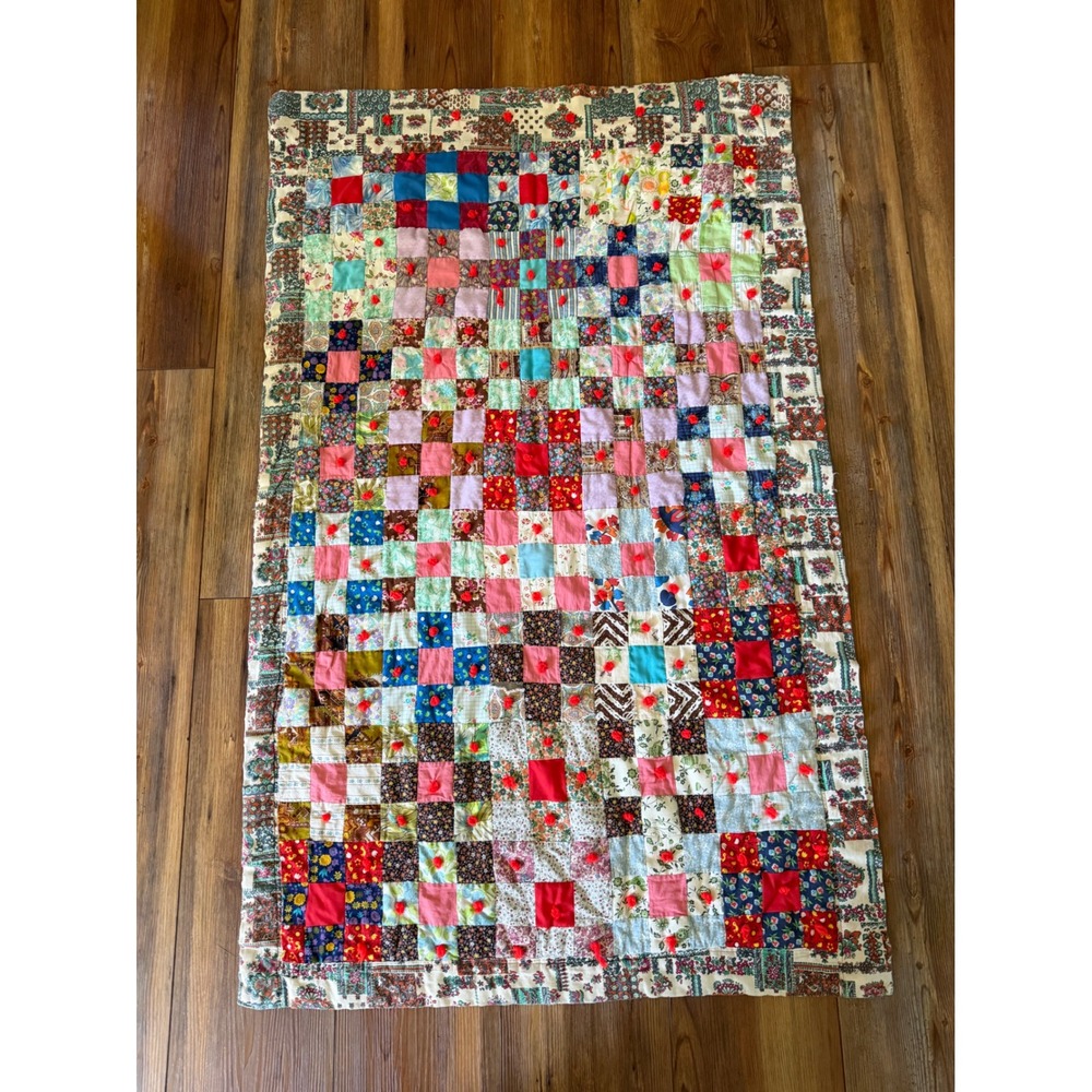 Vintage Handmade Patchwork Tied Quilt Multi-Color‎ Floral Boho Throw 21x35